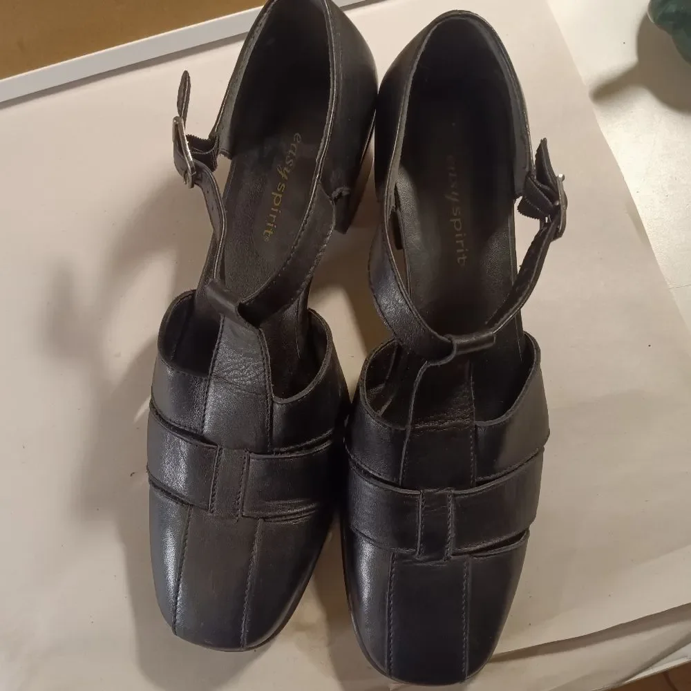 Easy Spirit Black Leather Chunky Heel Maryjane Shoe 7